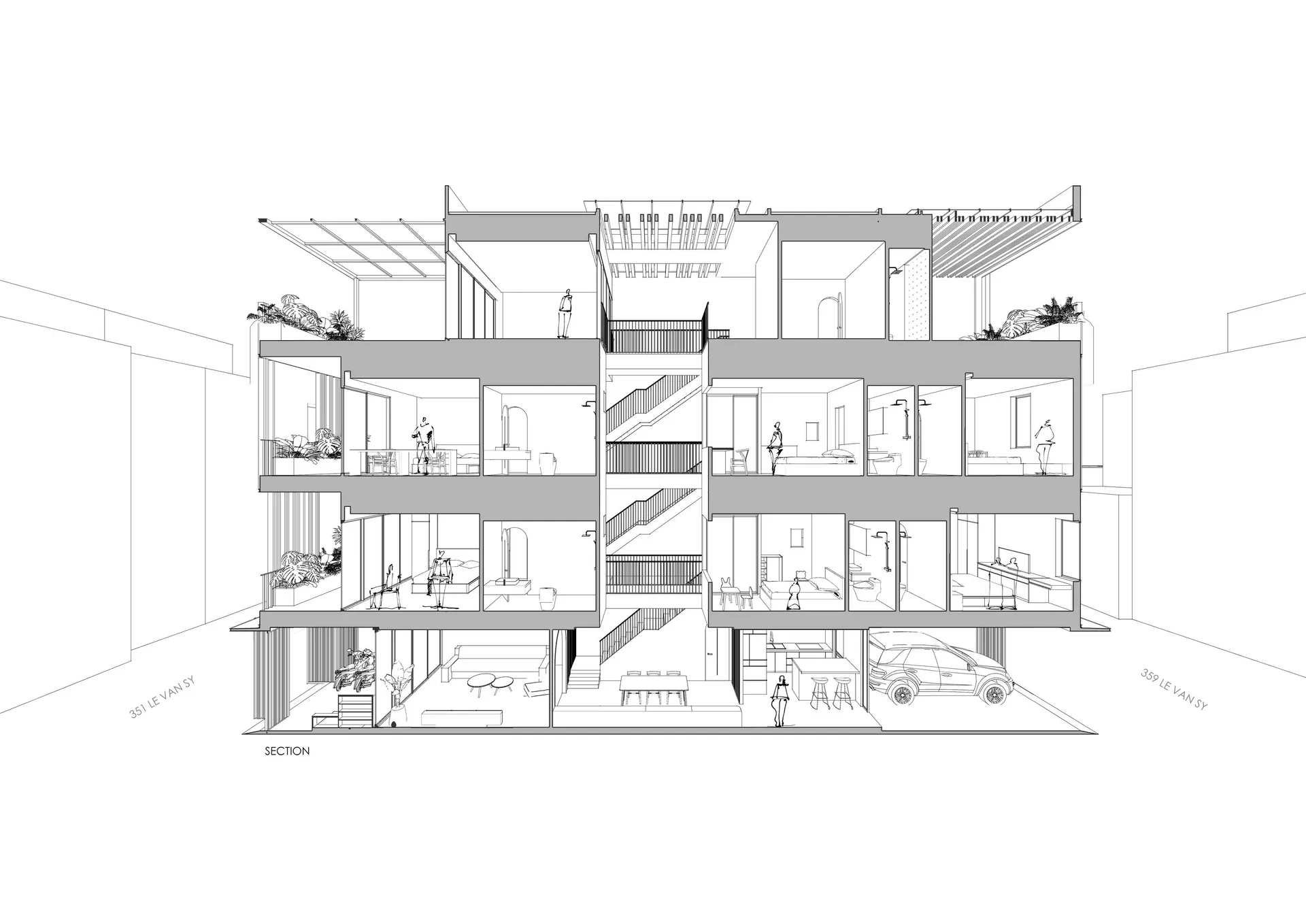 Mặt cắt Vy House thể hiện khoảng thông tầng và sự kết nối không gian
